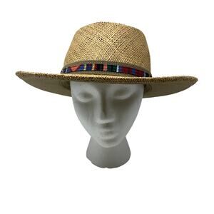 Fiesta Wide Brim Straw Sun Hat Tan Western Boho Rancher Multicolor Band Golf OS